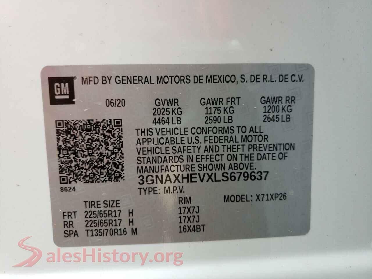 2020 CHEVROLET EQUINOX VIN 3GNAXHEVXLS679637, odometer mileage