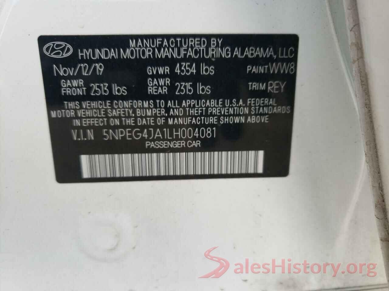 5NPEG4JA1LH004081 2020 HYUNDAI SONATA