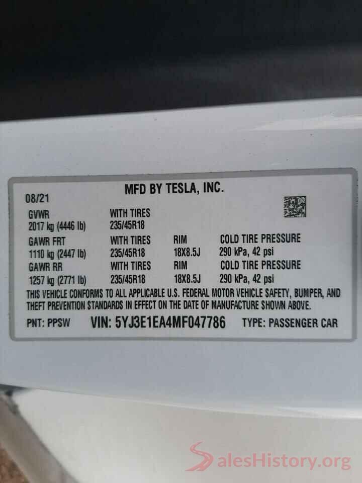 5YJ3E1EA4MF047786 2021 TESLA MODEL 3