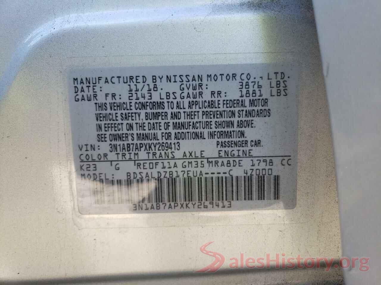 3N1AB7APXKY269413 2019 NISSAN SENTRA