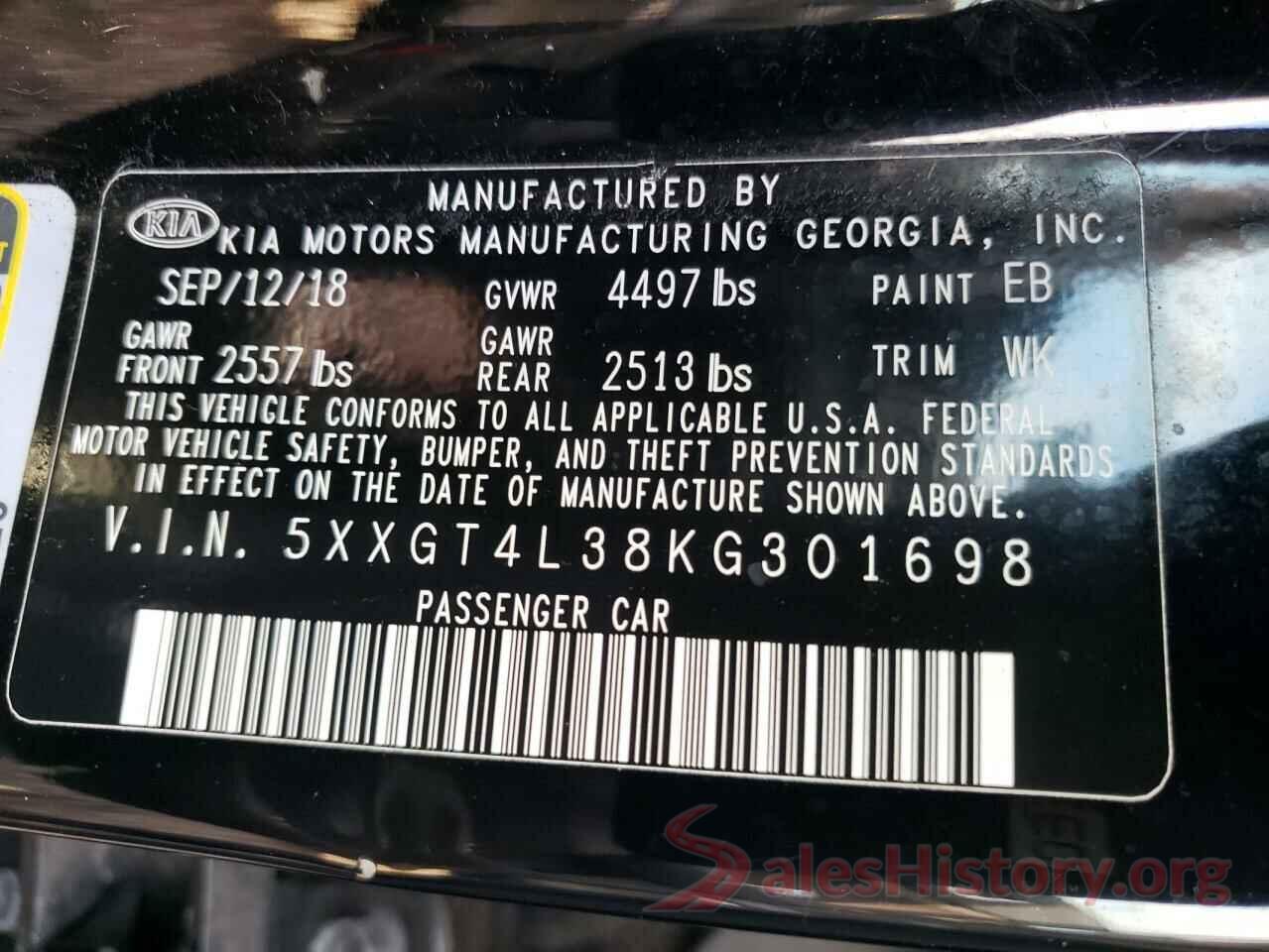 5XXGT4L38KG301698 2019 KIA OPTIMA