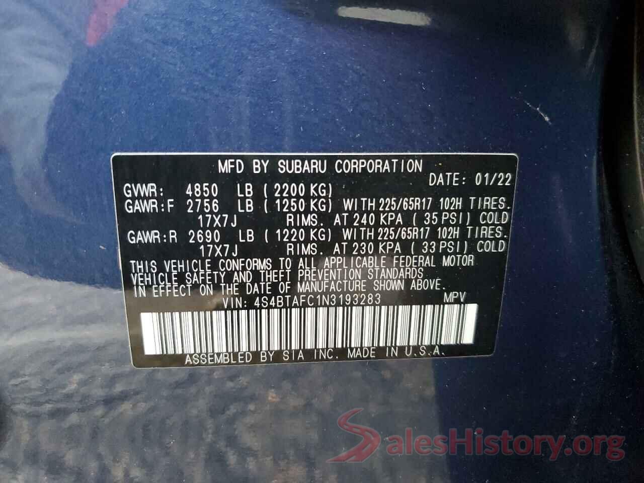 4S4BTAFC1N3193283 2022 SUBARU OUTBACK