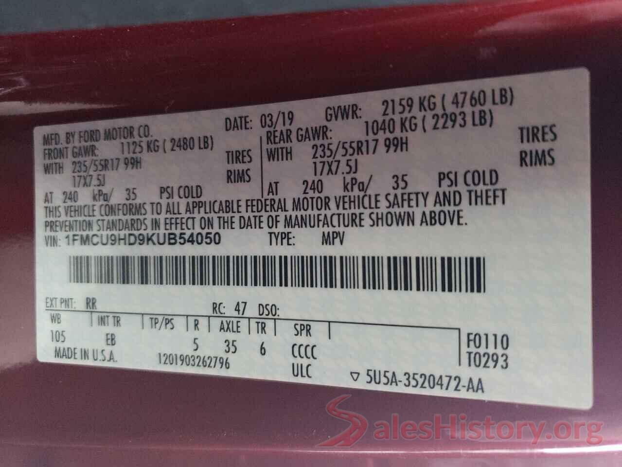 1FMCU9HD9KUB54050 2019 FORD ESCAPE