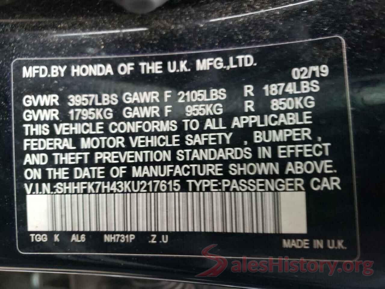 SHHFK7H43KU217615 2019 HONDA CIVIC