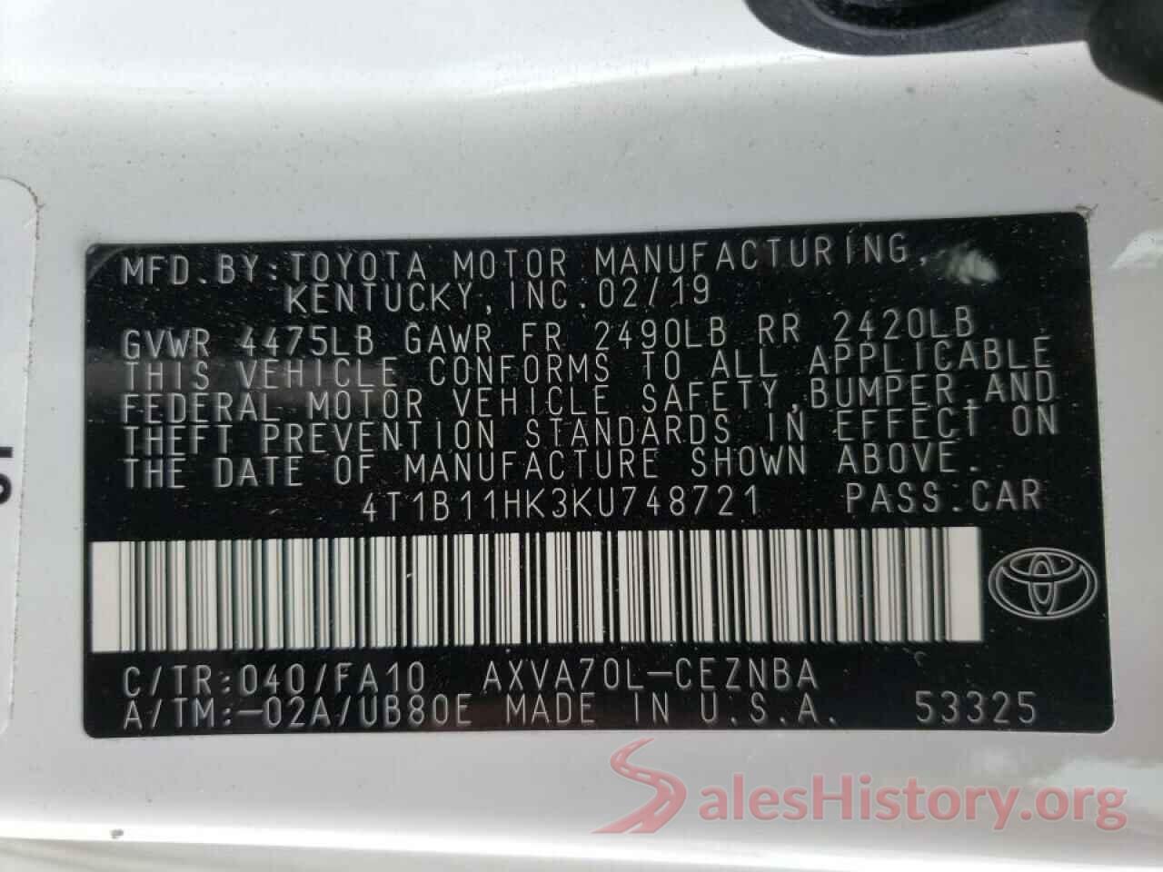 4T1B11HK3KU748721 2019 TOYOTA CAMRY