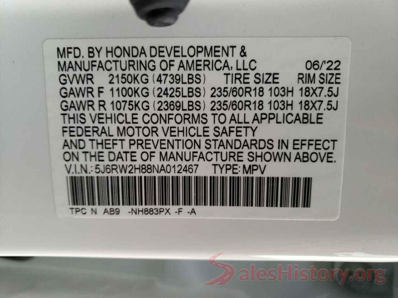 5J6RW2H88NA012467 2022 HONDA CRV