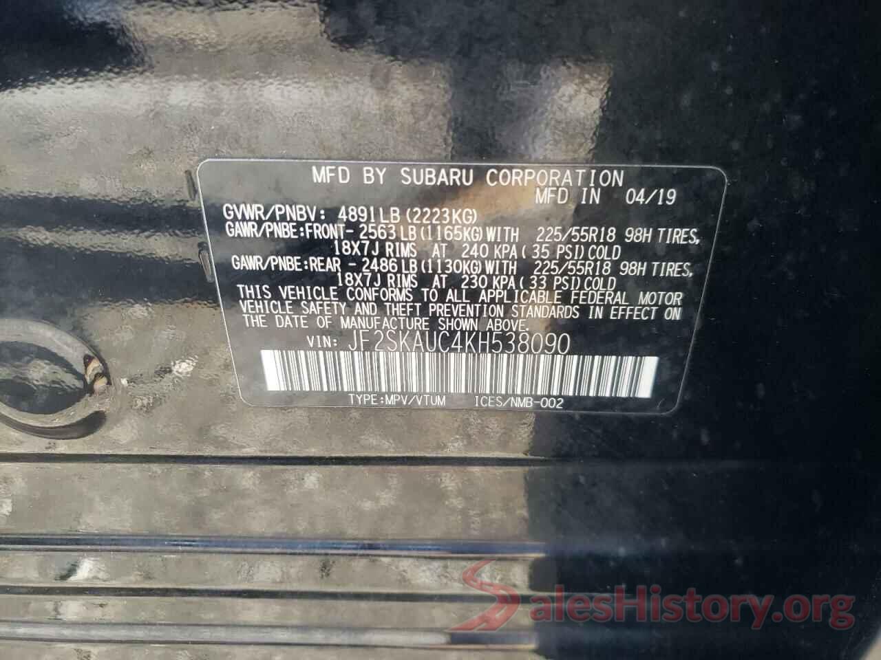 JF2SKAUC4KH538090 2019 SUBARU FORESTER