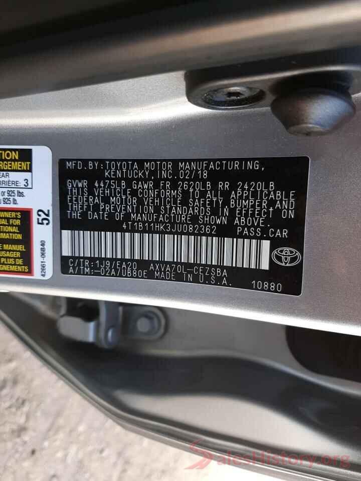 4T1B11HK3JU082362 2018 TOYOTA CAMRY