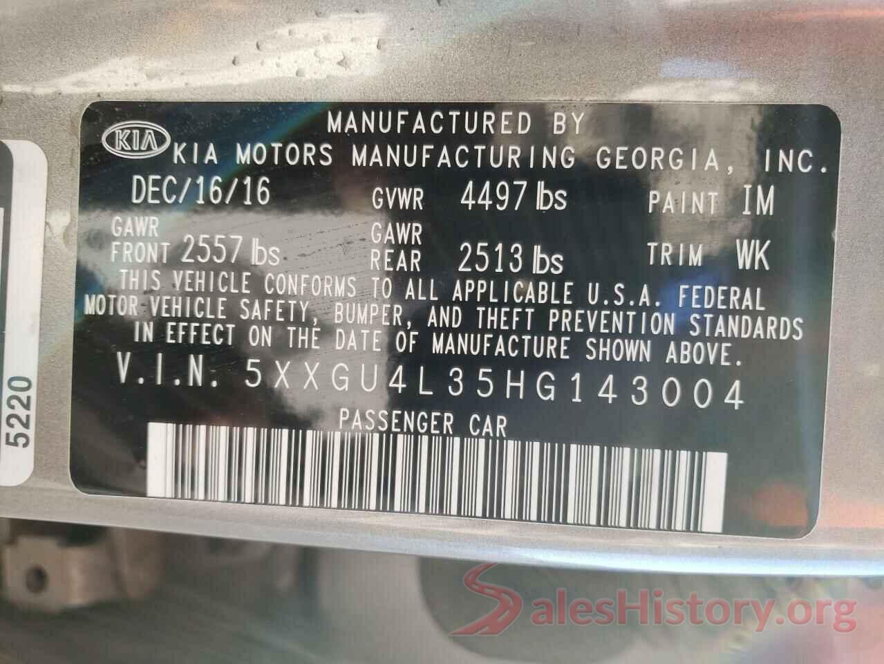 5XXGU4L35HG143004 2017 KIA OPTIMA