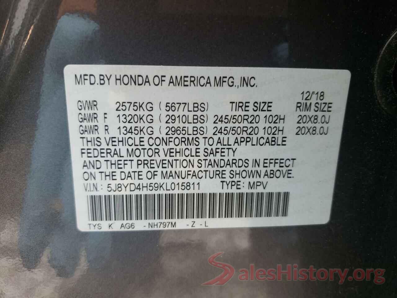 5J8YD4H59KL015811 2019 ACURA MDX