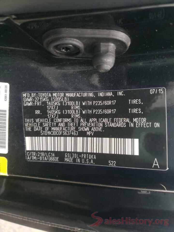 5TDYK3DC0FS637463 2015 TOYOTA SIENNA