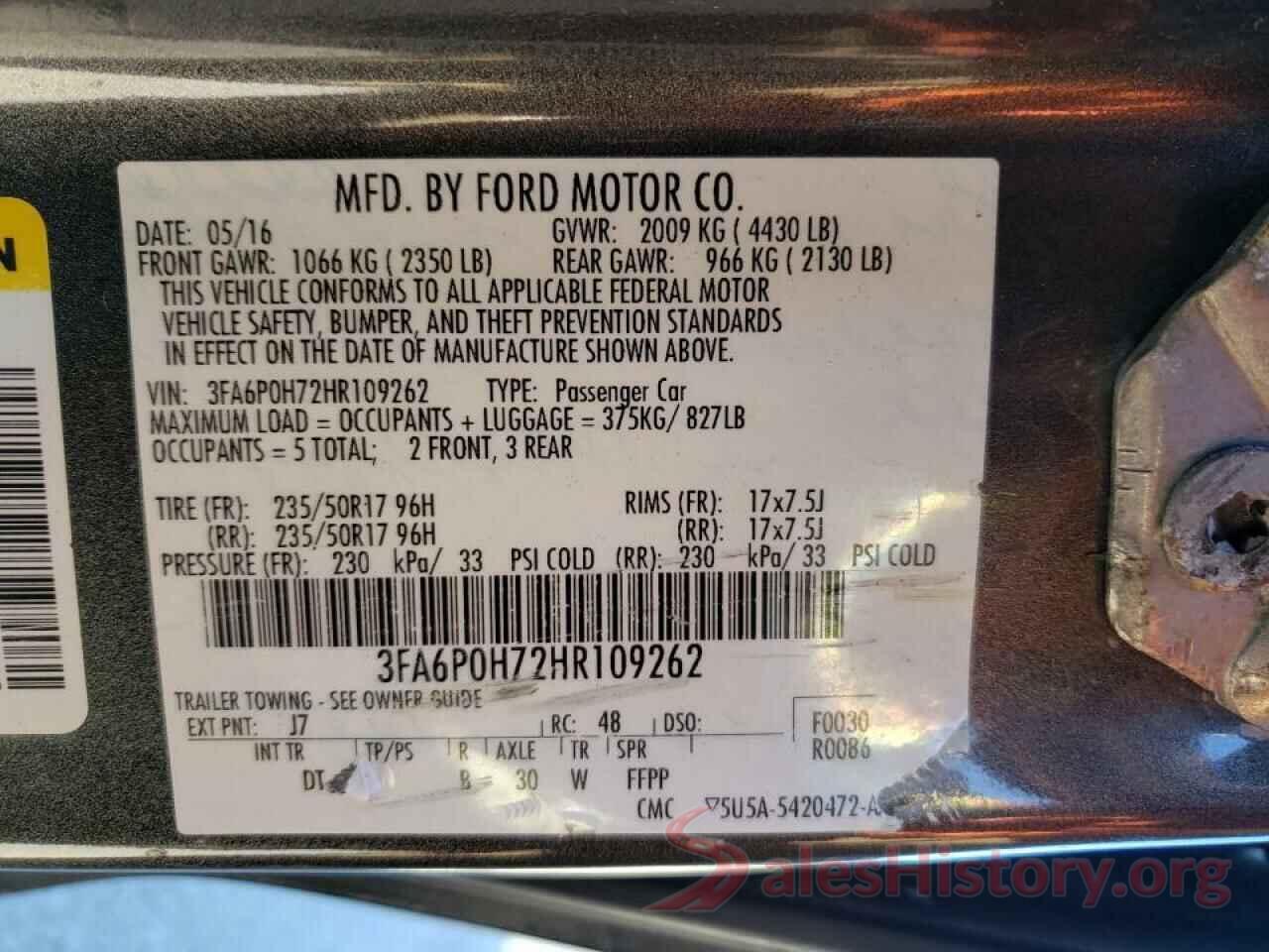 3FA6P0H72HR109262 2017 FORD FUSION