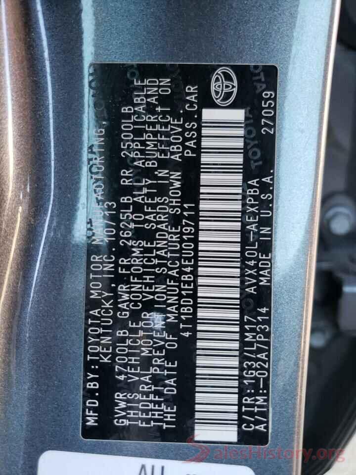 4T1BD1EB4EU019711 2014 TOYOTA AVALON