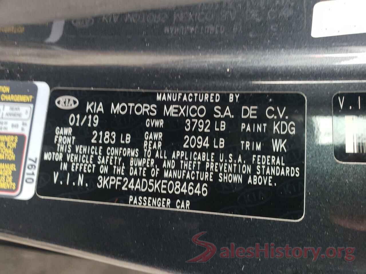 3KPF24AD5KE084646 2019 KIA FORTE