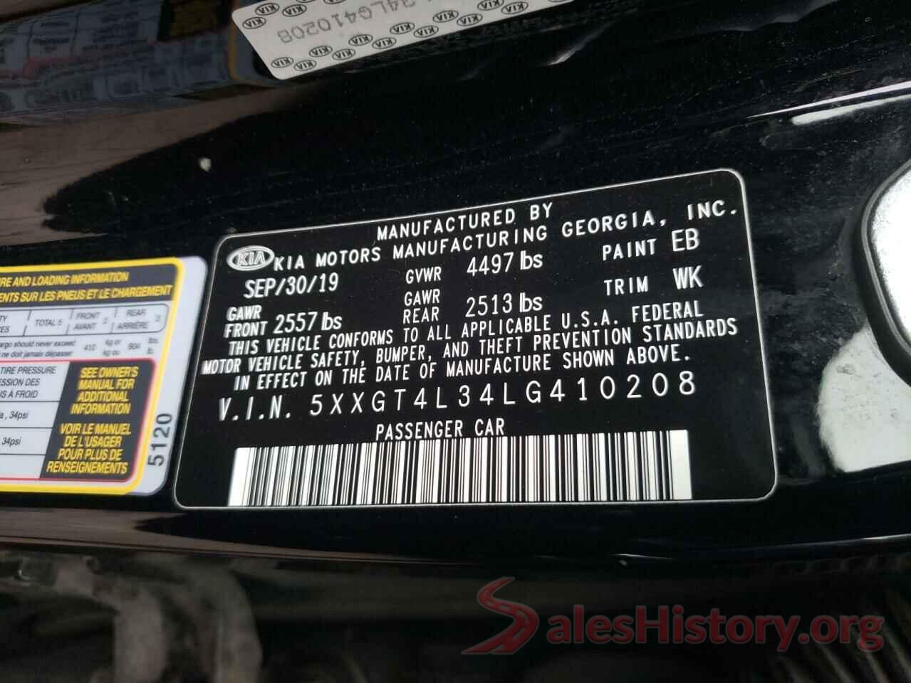 5XXGT4L34LG410208 2020 KIA OPTIMA