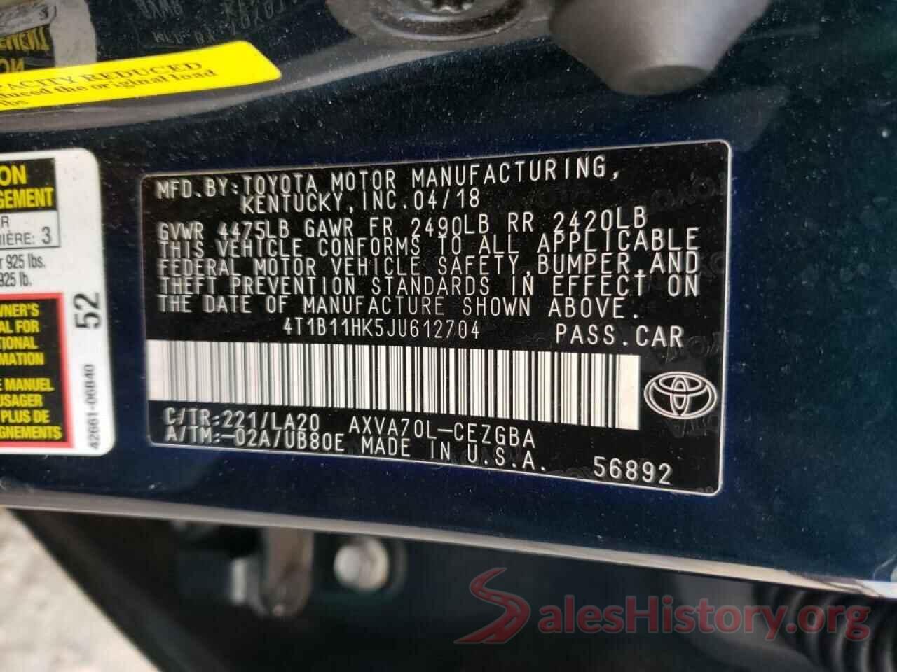 4T1B11HK5JU612704 2018 TOYOTA CAMRY