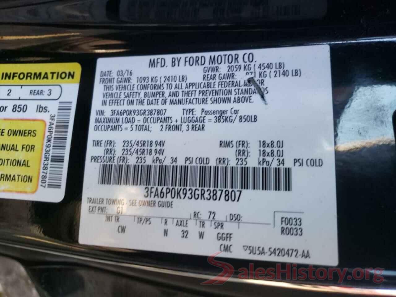 3FA6P0K93GR387807 2016 FORD FUSION