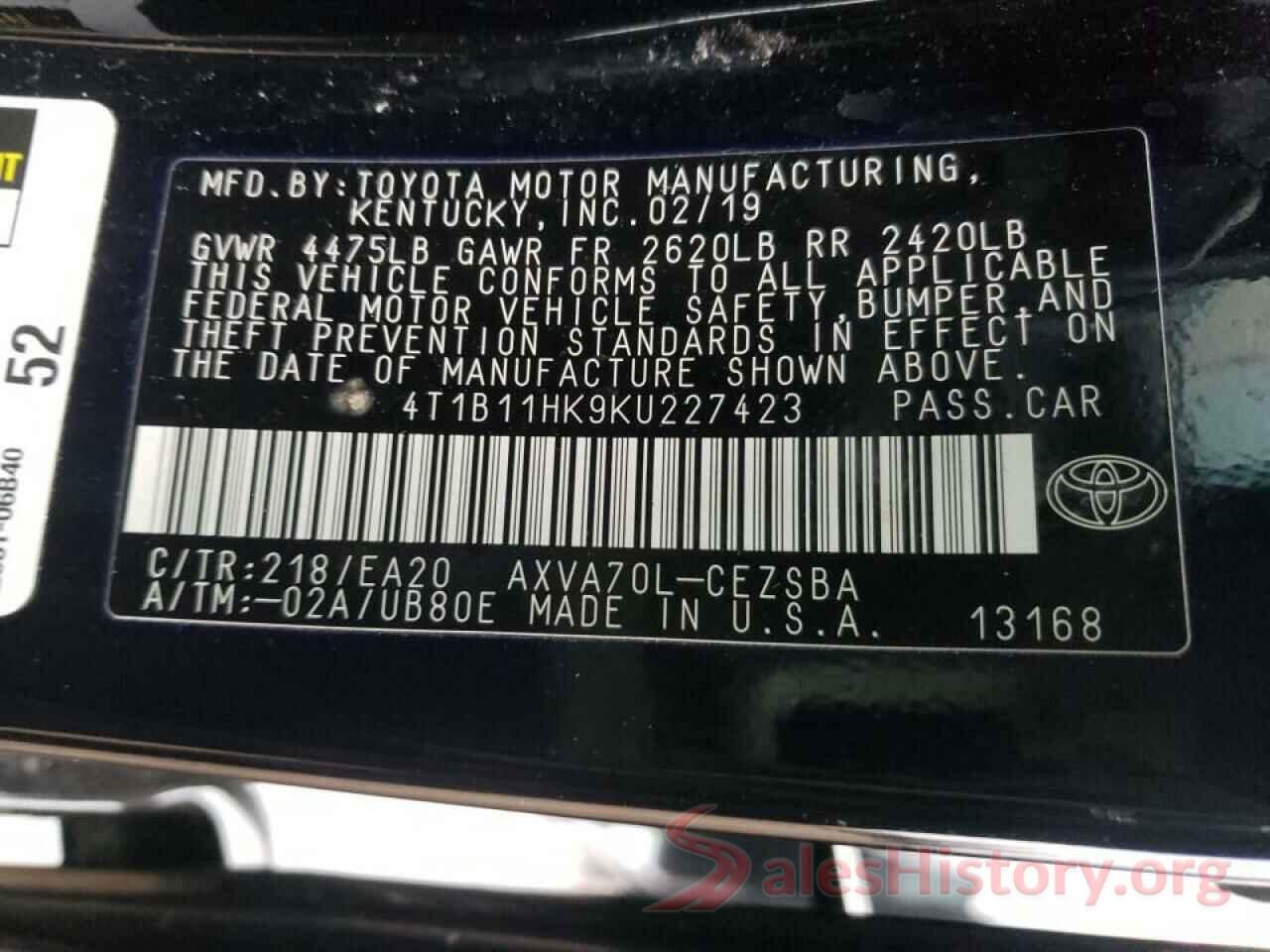 4T1B11HK9KU227423 2019 TOYOTA CAMRY