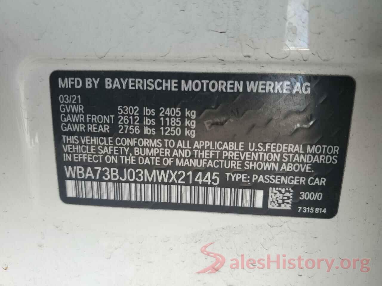 WBA73BJ03MWX21445 2021 BMW 5 SERIES