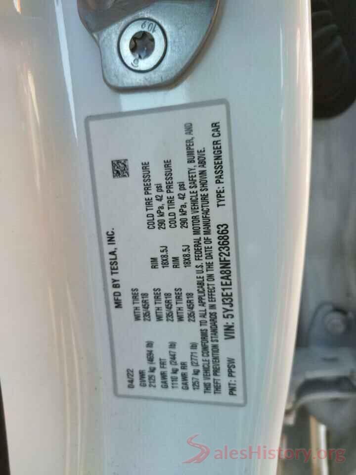 5YJ3E1EA8NF236863 2022 TESLA MODEL 3