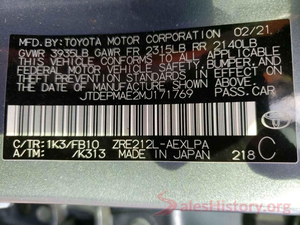 JTDEPMAE2MJ171769 2021 TOYOTA COROLLA