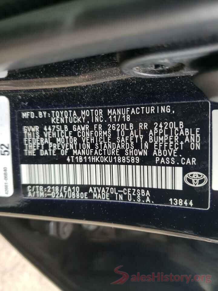 4T1B11HK0KU188589 2019 TOYOTA CAMRY