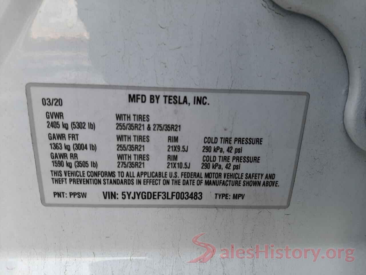 5YJYGDEF3LF003483 2020 TESLA MODEL Y