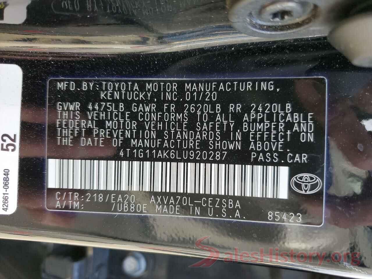 4T1G11AK6LU920287 2020 TOYOTA CAMRY