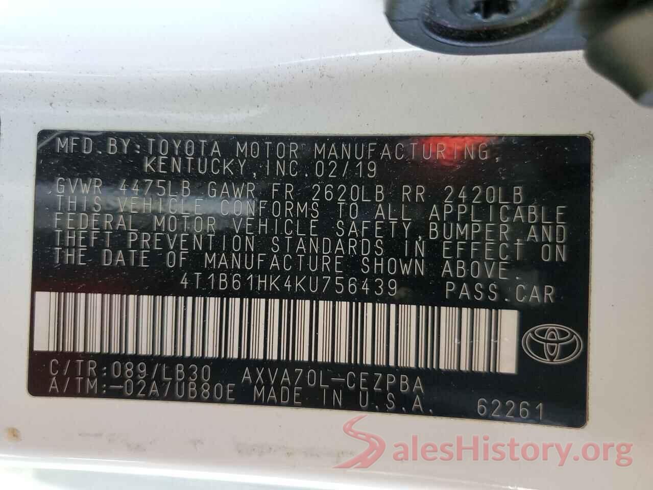 4T1B61HK4KU756439 2019 TOYOTA CAMRY