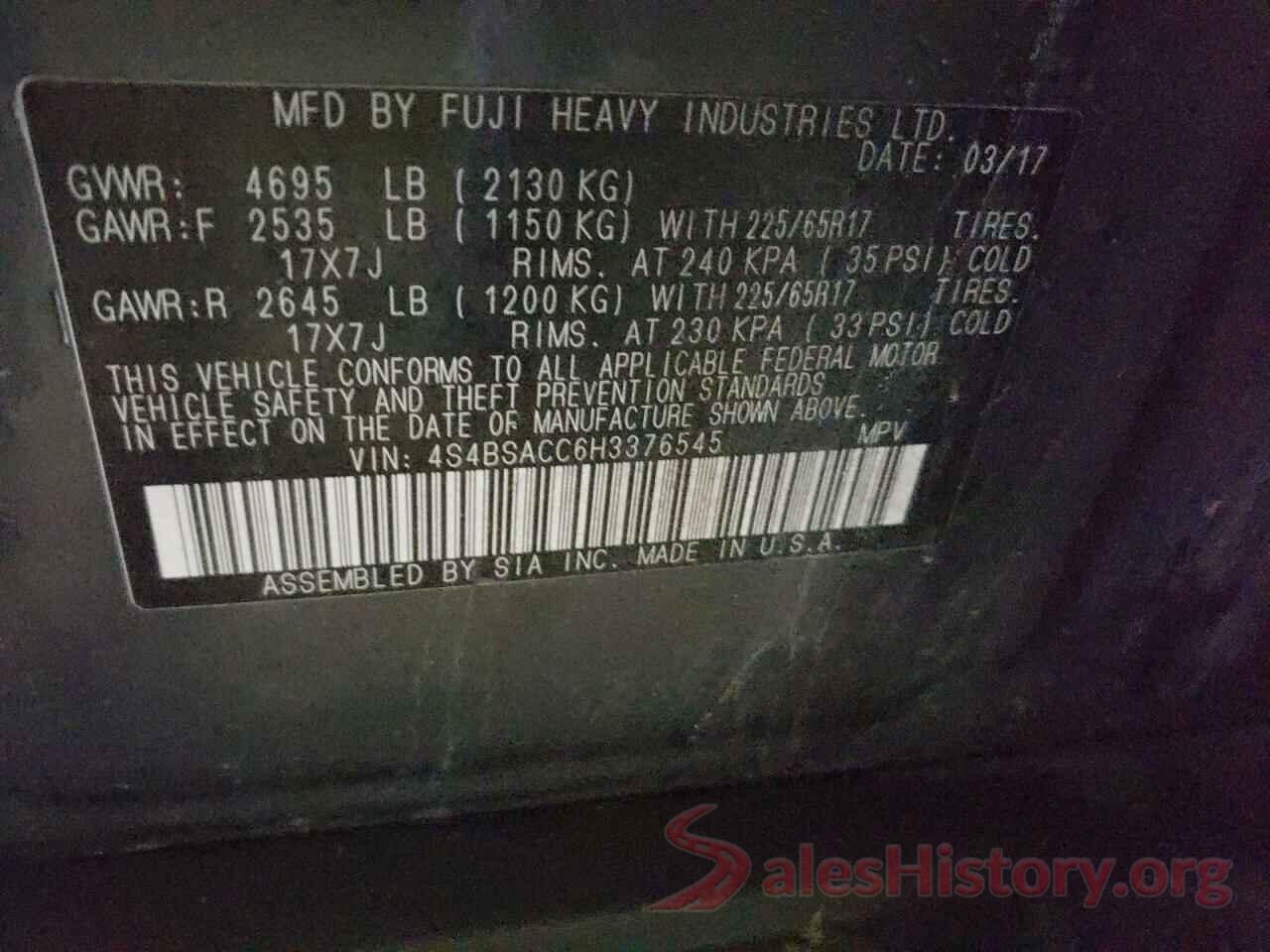 4S4BSACC6H3376545 2017 SUBARU OUTBACK