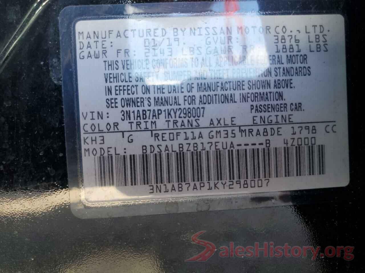 3N1AB7AP1KY298007 2019 NISSAN SENTRA