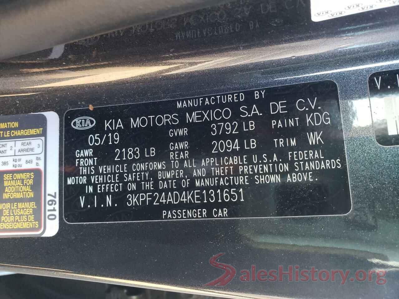 3KPF24AD4KE131651 2019 KIA FORTE