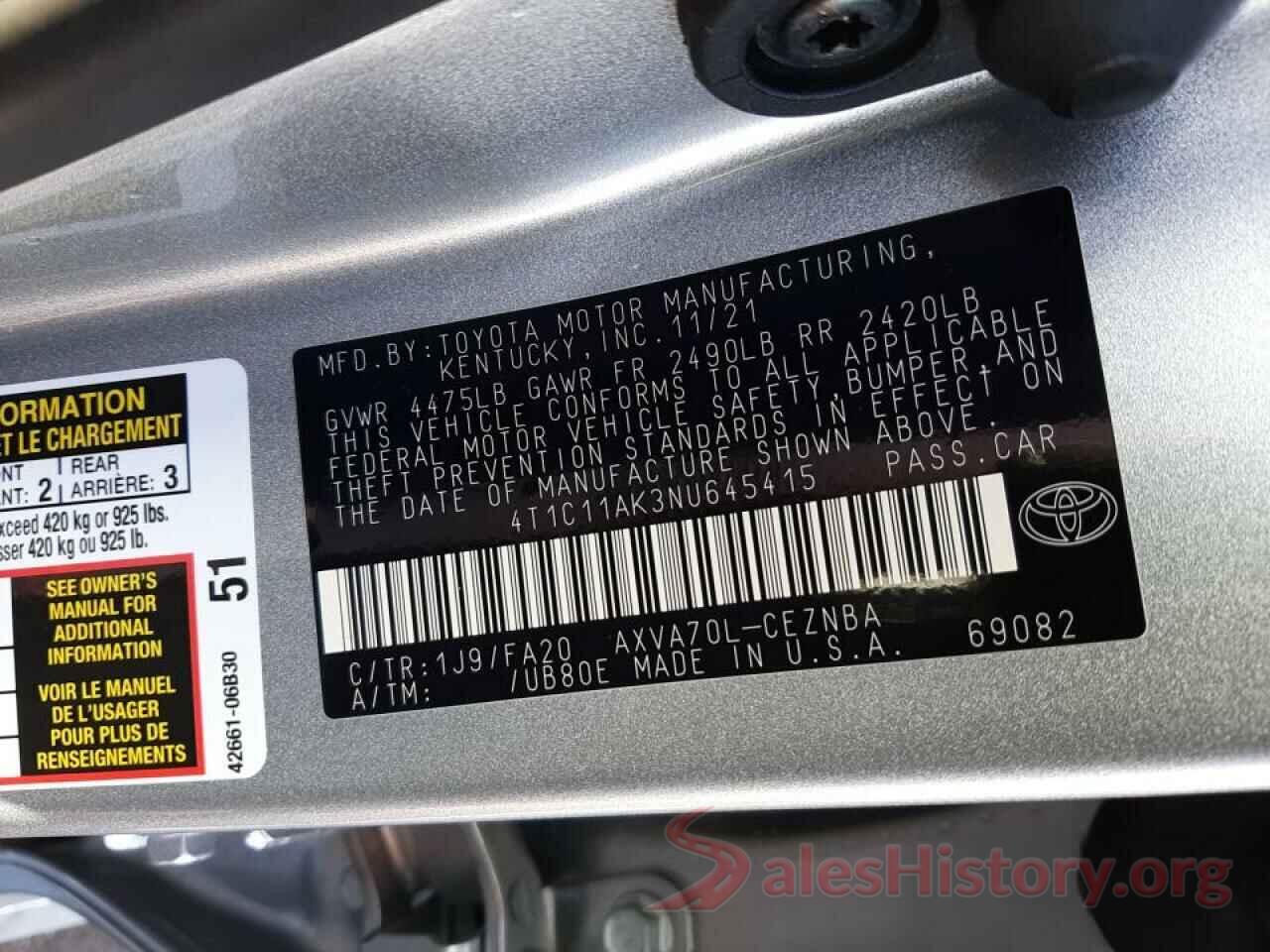 4T1C11AK3NU645415 2022 TOYOTA CAMRY