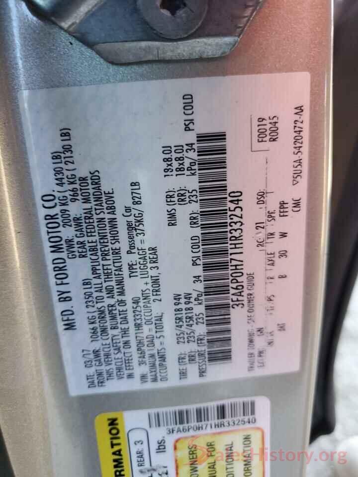 3FA6P0H71HR332540 2017 FORD FUSION