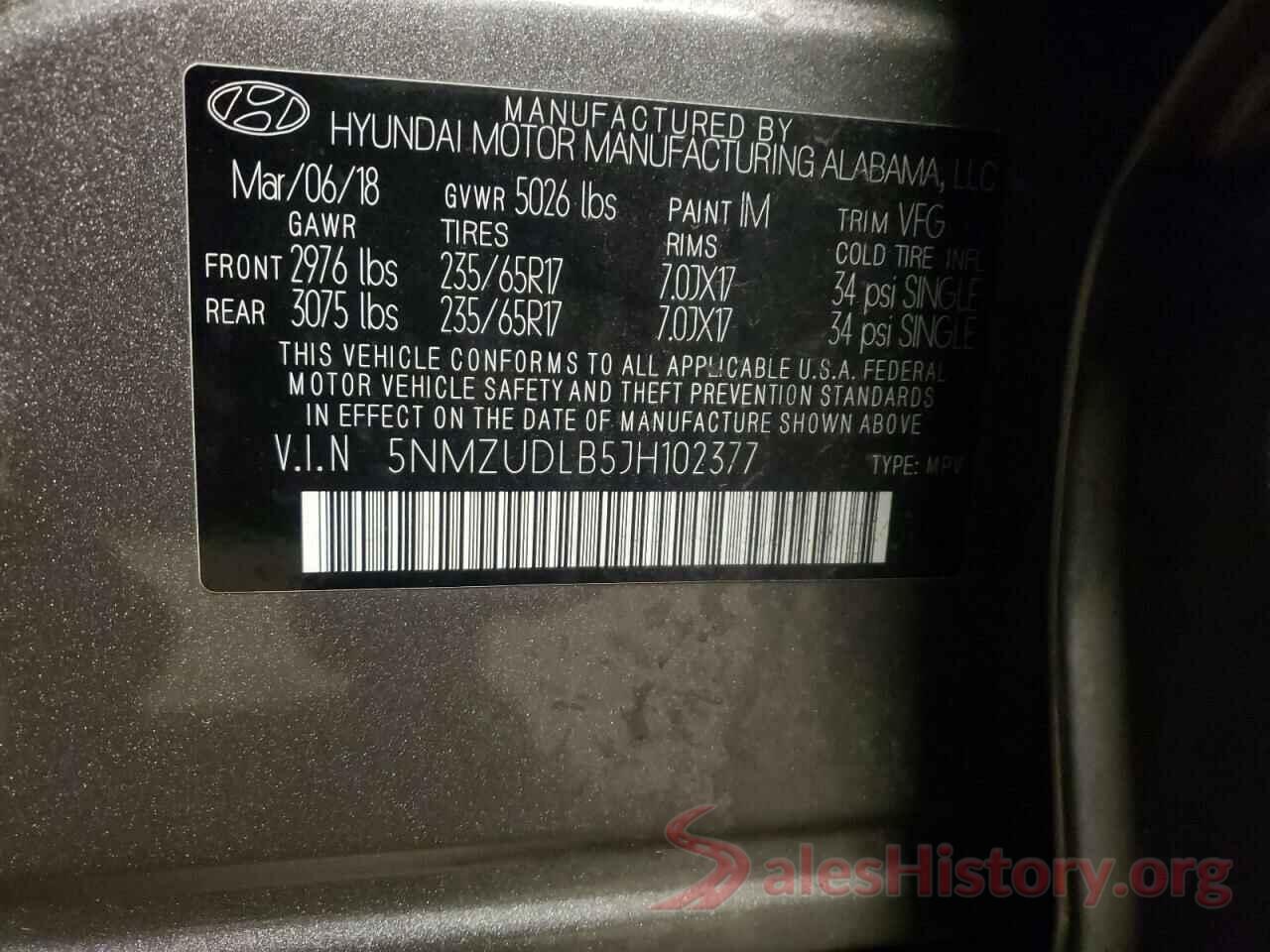 5NMZUDLB5JH102377 2018 HYUNDAI SANTA FE