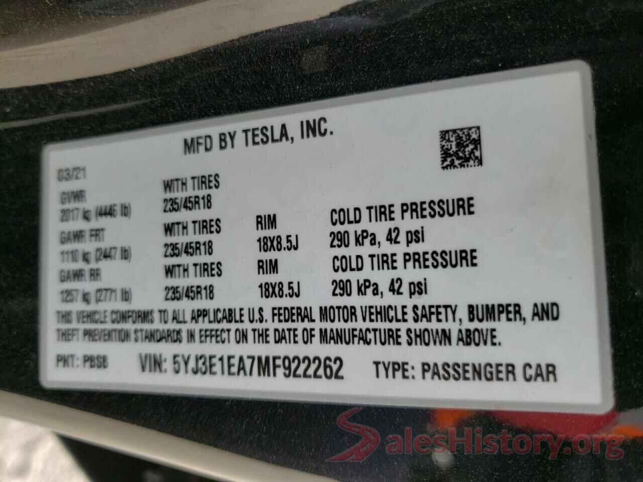 5YJ3E1EA7MF922262 2021 TESLA MODEL 3