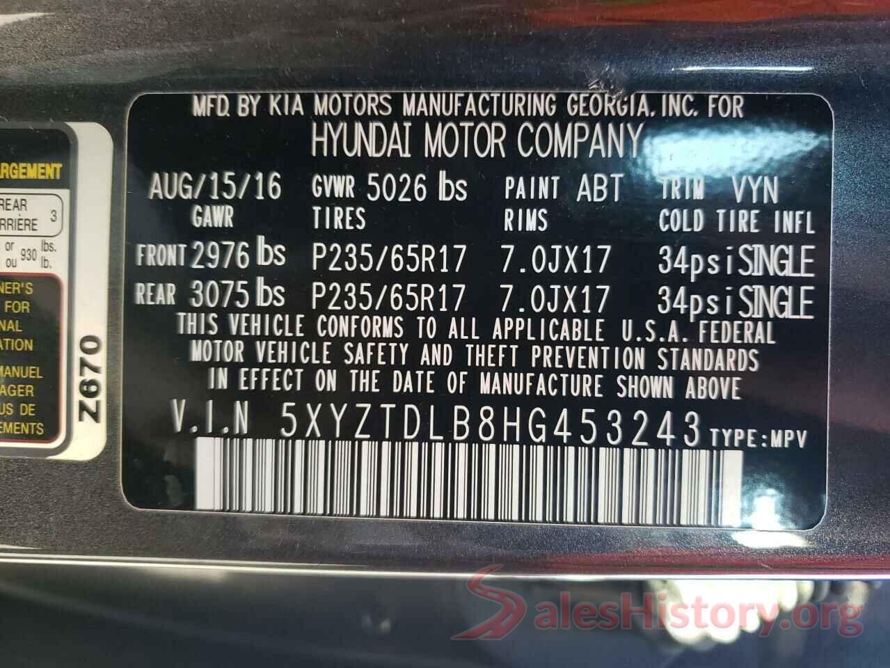 5XYZTDLB8HG453243 2017 HYUNDAI SANTA FE