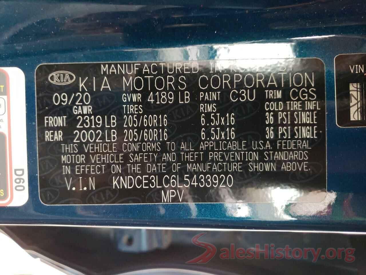 KNDCE3LC6L5433920 2020 KIA NIRO