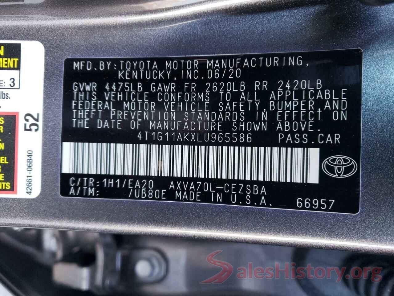 4T1G11AKXLU965586 2020 TOYOTA CAMRY