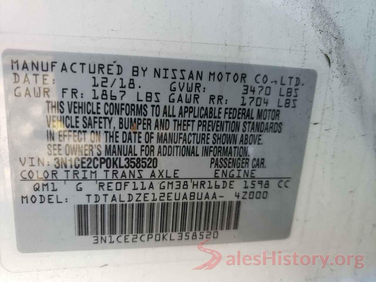 3N1CE2CP0KL358520 2019 NISSAN VERSA