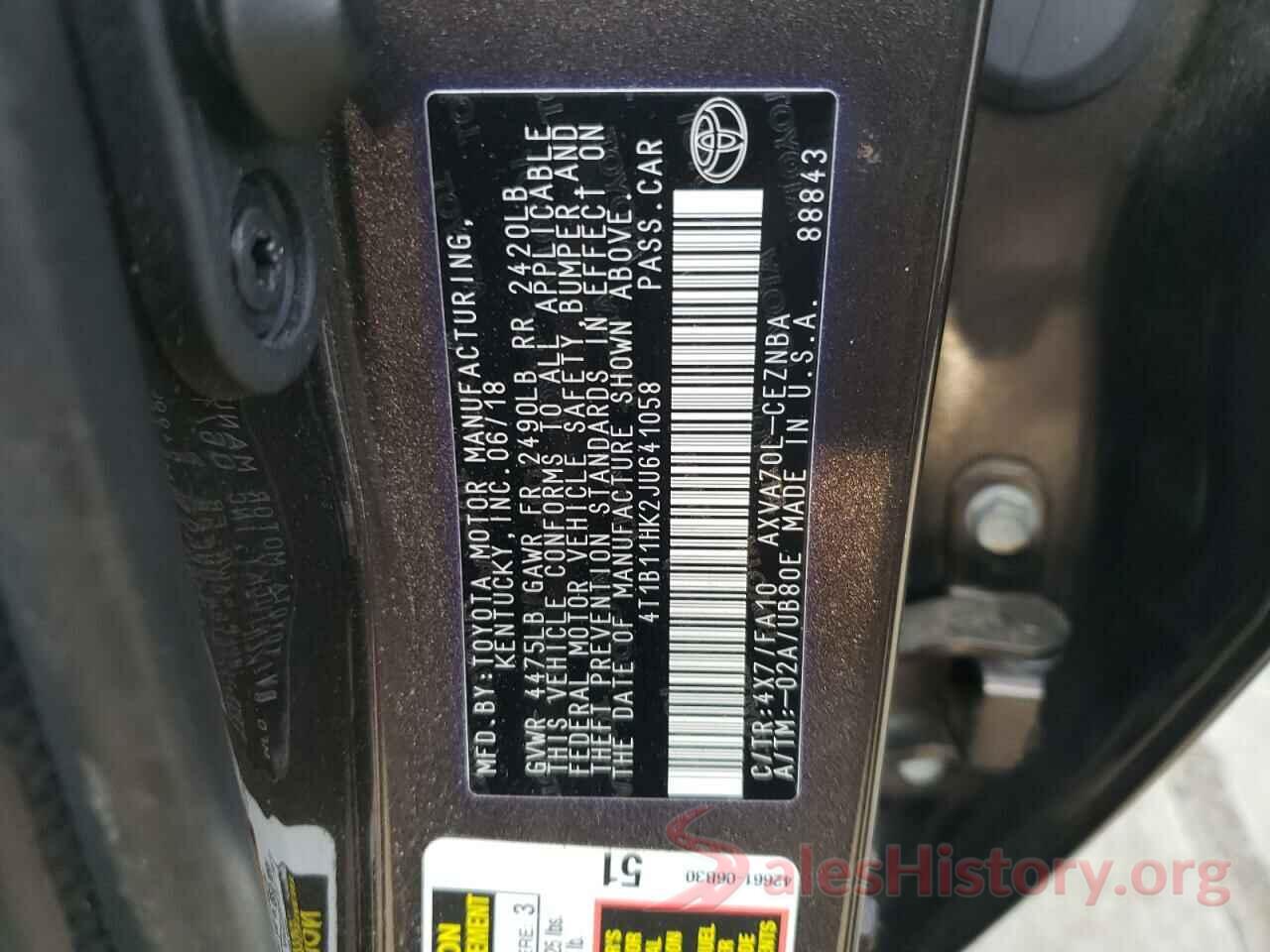 4T1B11HK2JU641058 2018 TOYOTA CAMRY