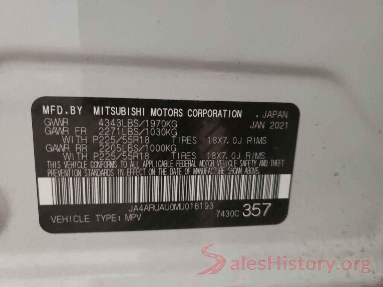 JA4ARUAU0MU016193 2021 MITSUBISHI OUTLANDER