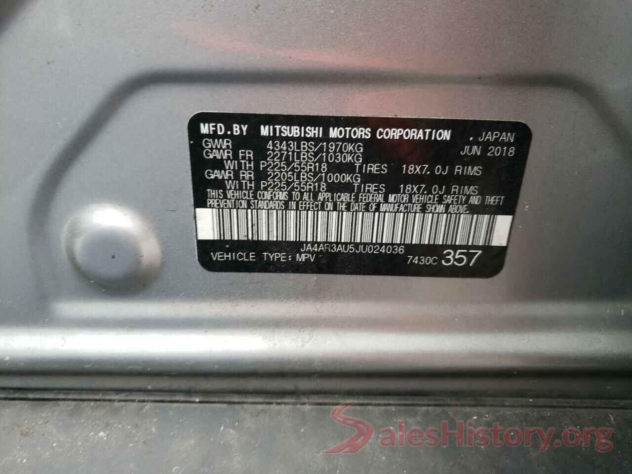 JA4AR3AU5JU024036 2018 MITSUBISHI OUTLANDER