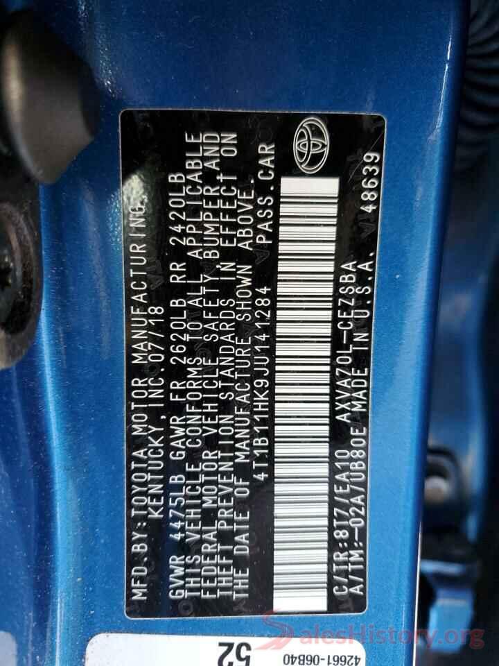 4T1B11HK9JU141284 2018 TOYOTA CAMRY