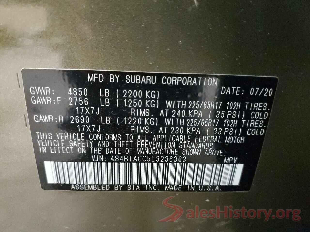 4S4BTACC5L3236363 2020 SUBARU OUTBACK