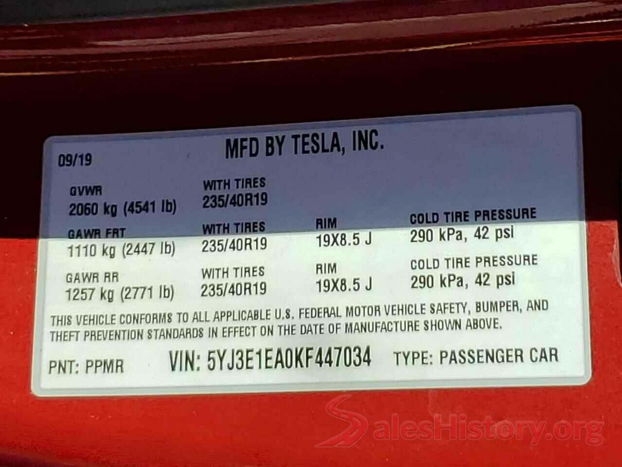 5YJ3E1EA0KF447034 2019 TESLA MODEL 3