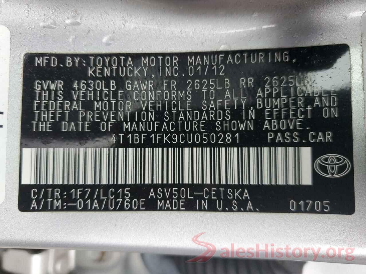 4T1BF1FK9CU050281 2012 TOYOTA CAMRY