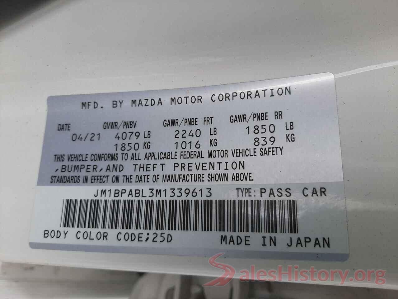 JM1BPABL3M1339613 2021 MAZDA 3