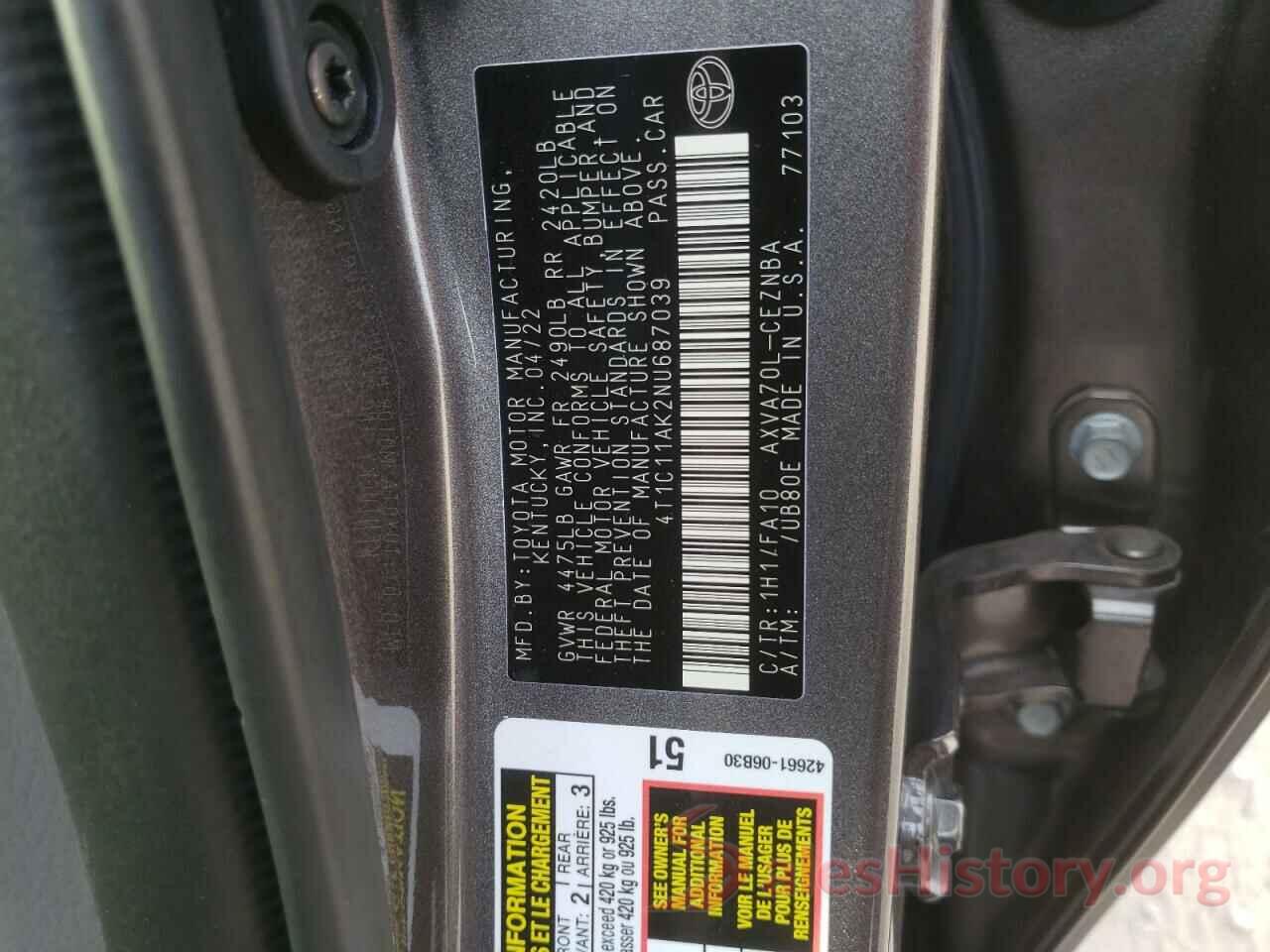 4T1C11AK2NU687039 2022 TOYOTA CAMRY