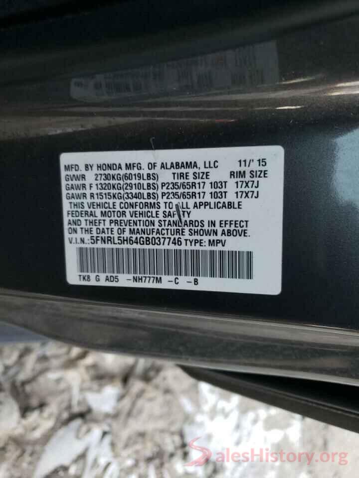 5FNRL5H64GB037746 2016 HONDA ODYSSEY